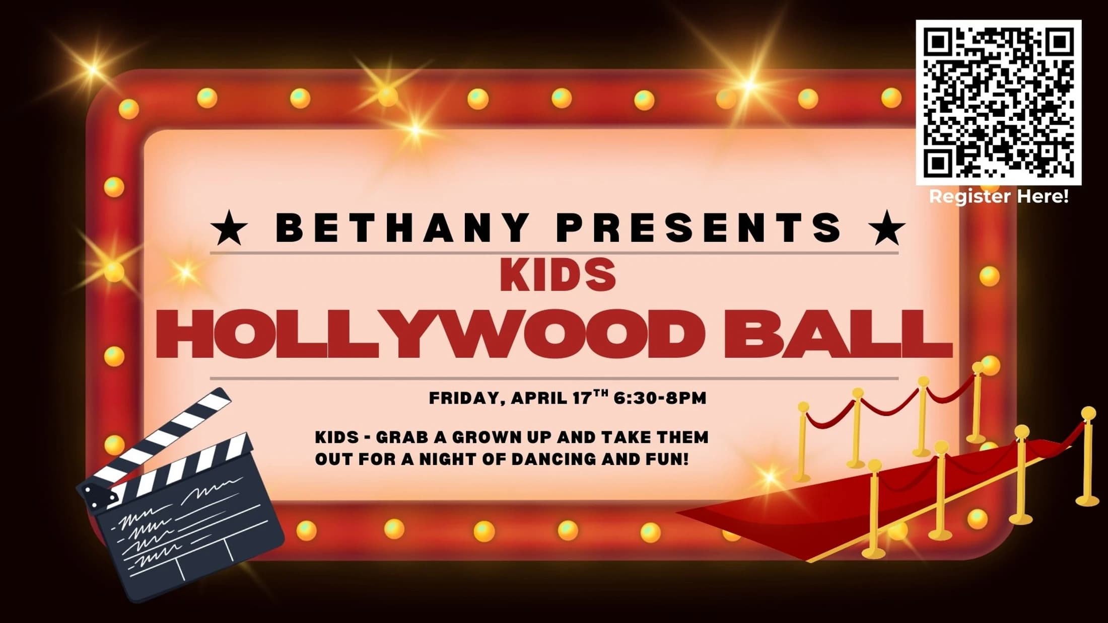 An event flyer for a Kids Hollywood Ball on Friday, April 17th. The design features a red carpet, a movie clapperboard, and a lit marquee sign with a QR code.